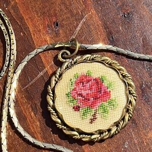 Vintage rose embroidered 1970 gold medal necklace handmade